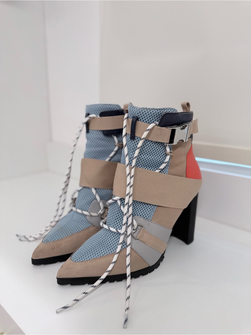 Fashion Mesh Lace-Up High Heel Ankle Boots in Blue and Tan and Orange